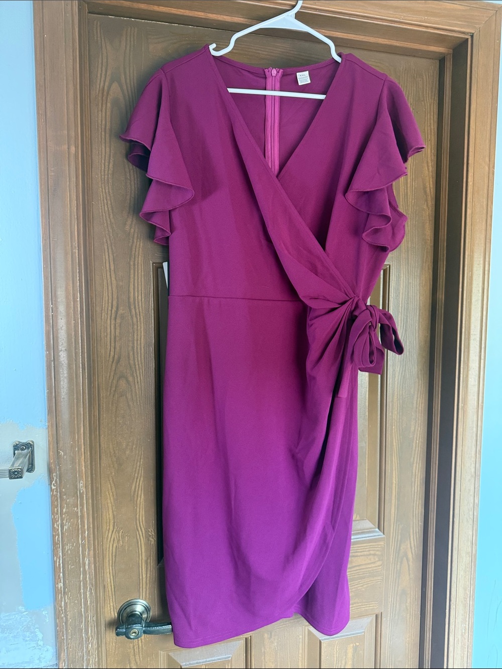 Fuchsia Wrap Midi Dress with Ruffle Sleeves